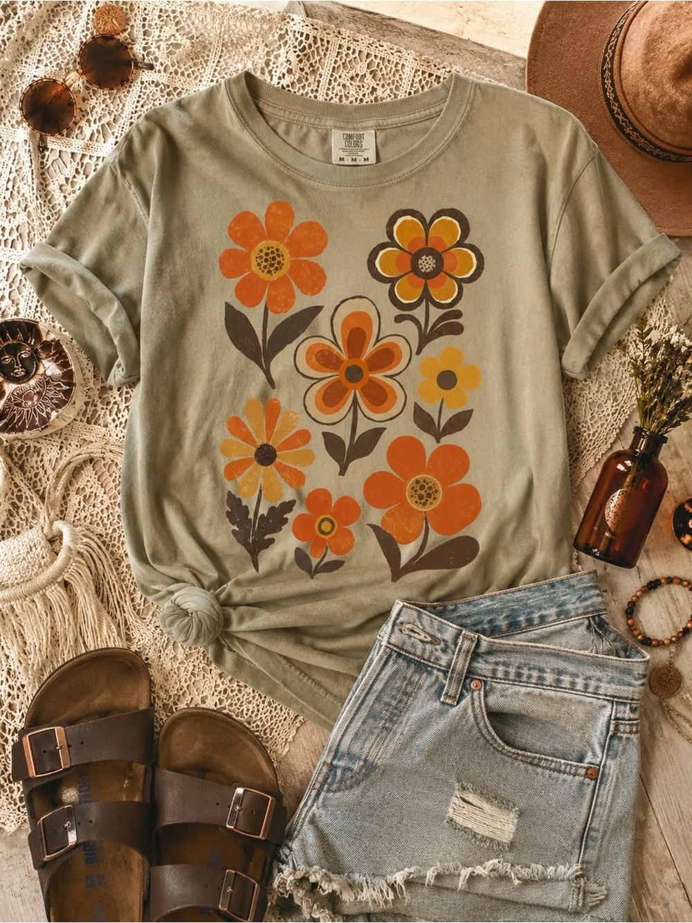 Retro Floral Graphic Comfort Colors Khaki Tshirt Small-XL